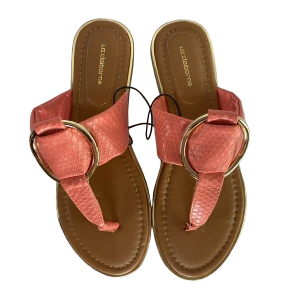 Liz Claiborne Coral Gold Tone Faux Reptile T Post Slides Sandals SKU0775 - Picture 3 of 6